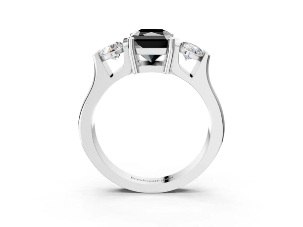 Silver Three-Stone Fancy Black Radiant Cut Classic Band Prong Setting Ring