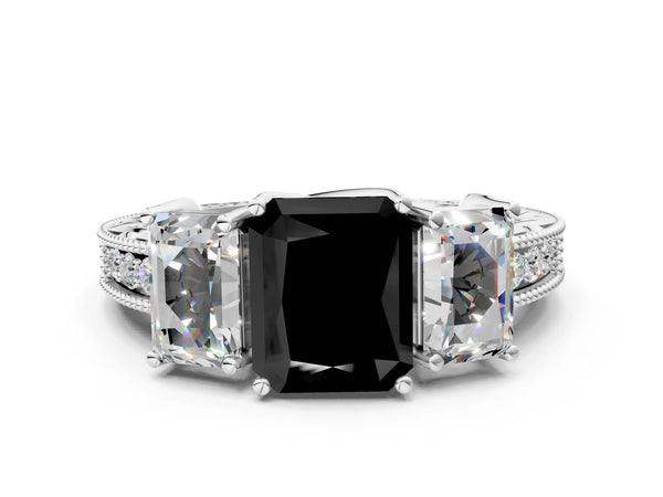 Sterling Silver Radiant Cut Engraved Three Stone Engagement Ring Setting for Black Center