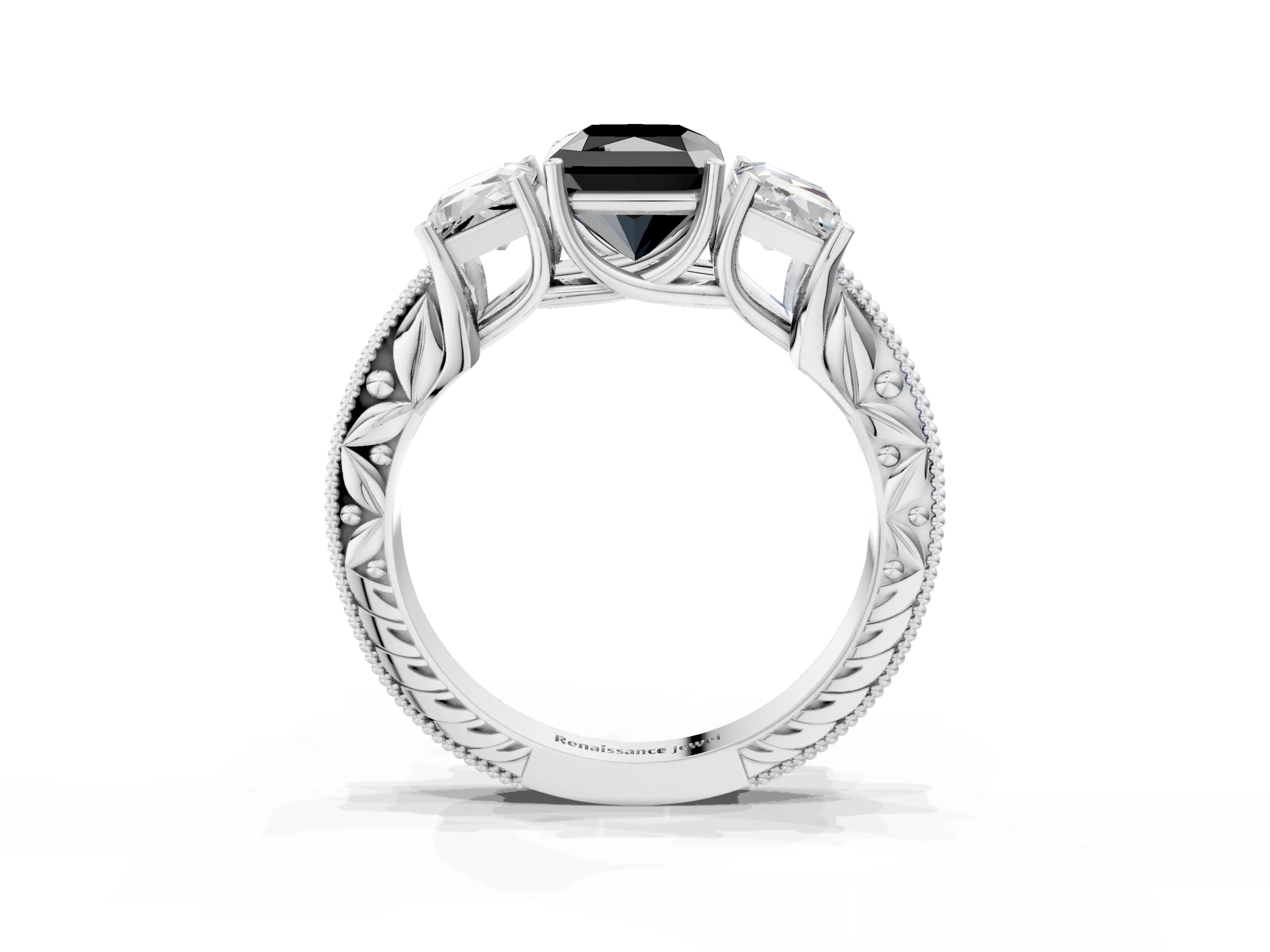 Silver Three-Stone Fancy Black Radiant Cut Cut Milgrain Pavé Engagement Ring_21