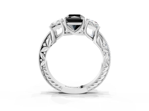 Sterling Silver Radiant Cut Engraved Three Stone Engagement Ring Setting for Black Center