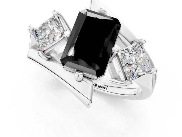 Silver Three-Stone Fancy Black Radiant Cut Cut Tension Band Ring with Four-Prong Setting