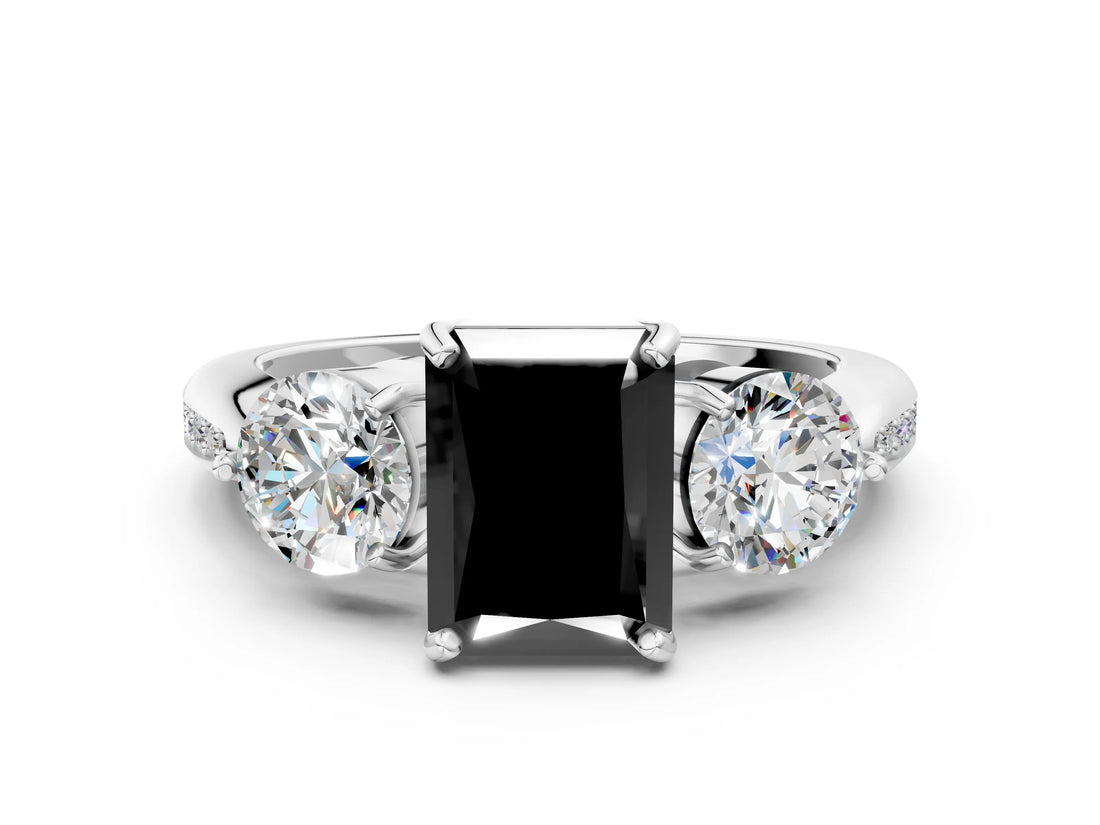 Silver Three-Stone Fancy Black Radiant Cut Diamond Channel Set Engagement Ring with Prong Setting_24