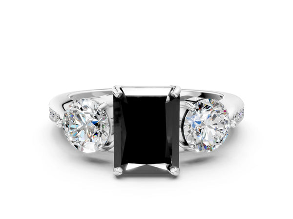 Sterling Silver Radiant Cut Three Stone Engagement Ring Setting for Black Center with Pave Band