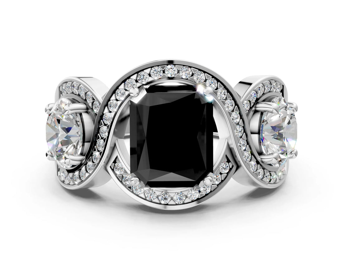 Silver Three-Stone Fancy Black Radiant Cut Diamond Wave Pave Band with Prong Setting_6