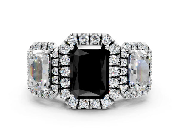 Silver Three-Stone Fancy Black Radiant Cut Halo Diamond Ring with Pave Band and Four-Prong Setting