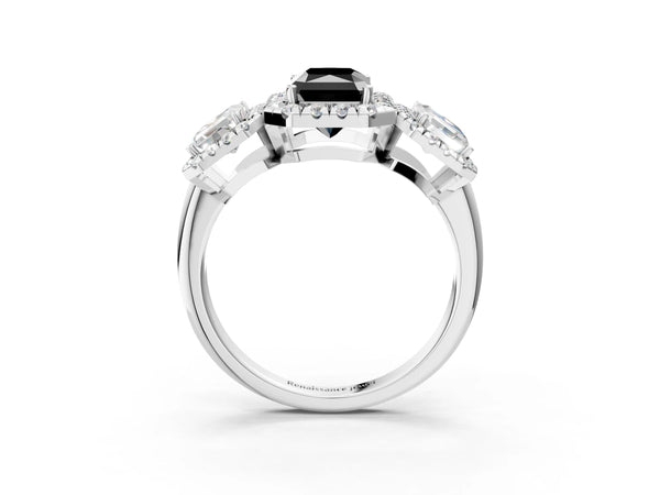 Silver Three-Stone Fancy Black Radiant Cut Halo Diamond Ring with Pave Band and Four-Prong Setting