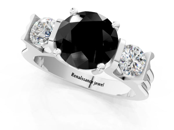 Silver Three-Stone Fancy Black Round Cut Classic Band Prong Setting Ring