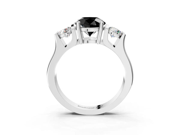 Silver Three-Stone Fancy Black Round Cut Classic Band Prong Setting Ring