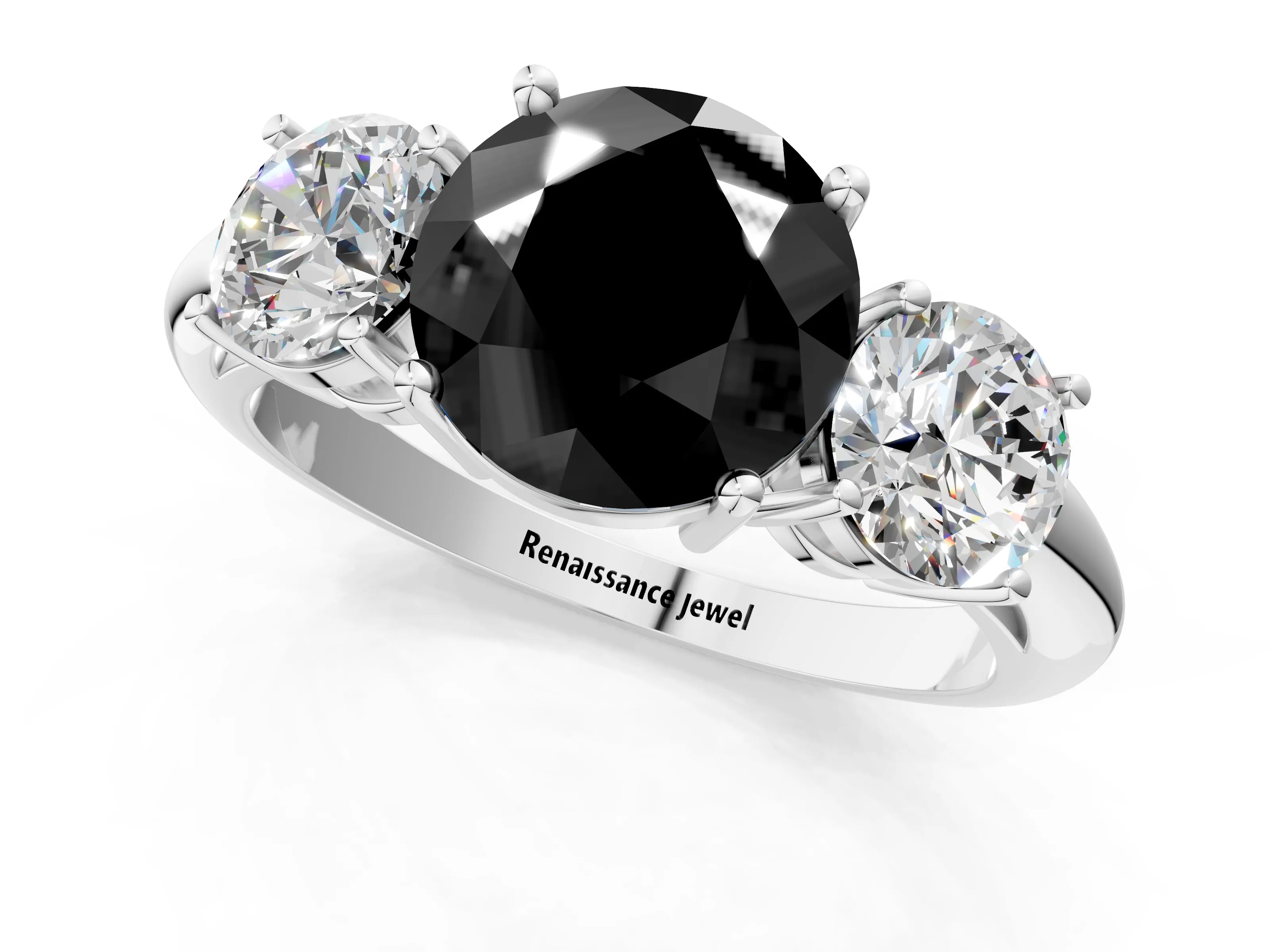 Silver Three-Stone Fancy Black Round Cut Cut Diamond Engagement Ring with Prong Setting on a White Gold Band_43
