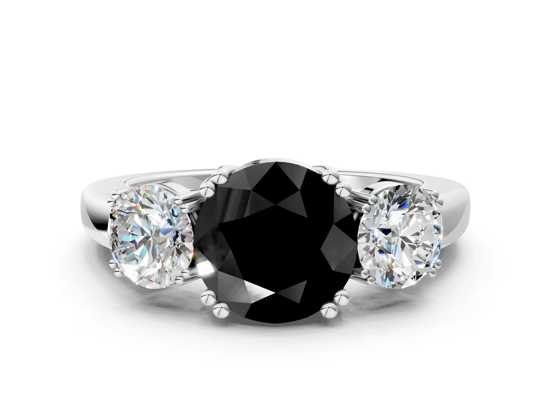Silver Three-Stone Fancy Black Round Cut Cut Diamond Ring with Channel Set Band and Four-Prong Setting_30