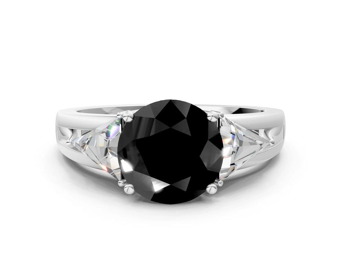 Silver Three-Stone Fancy Black Round Cut Cut Diamond Ring with Trillion Side Stones on a Split Shank Band_6