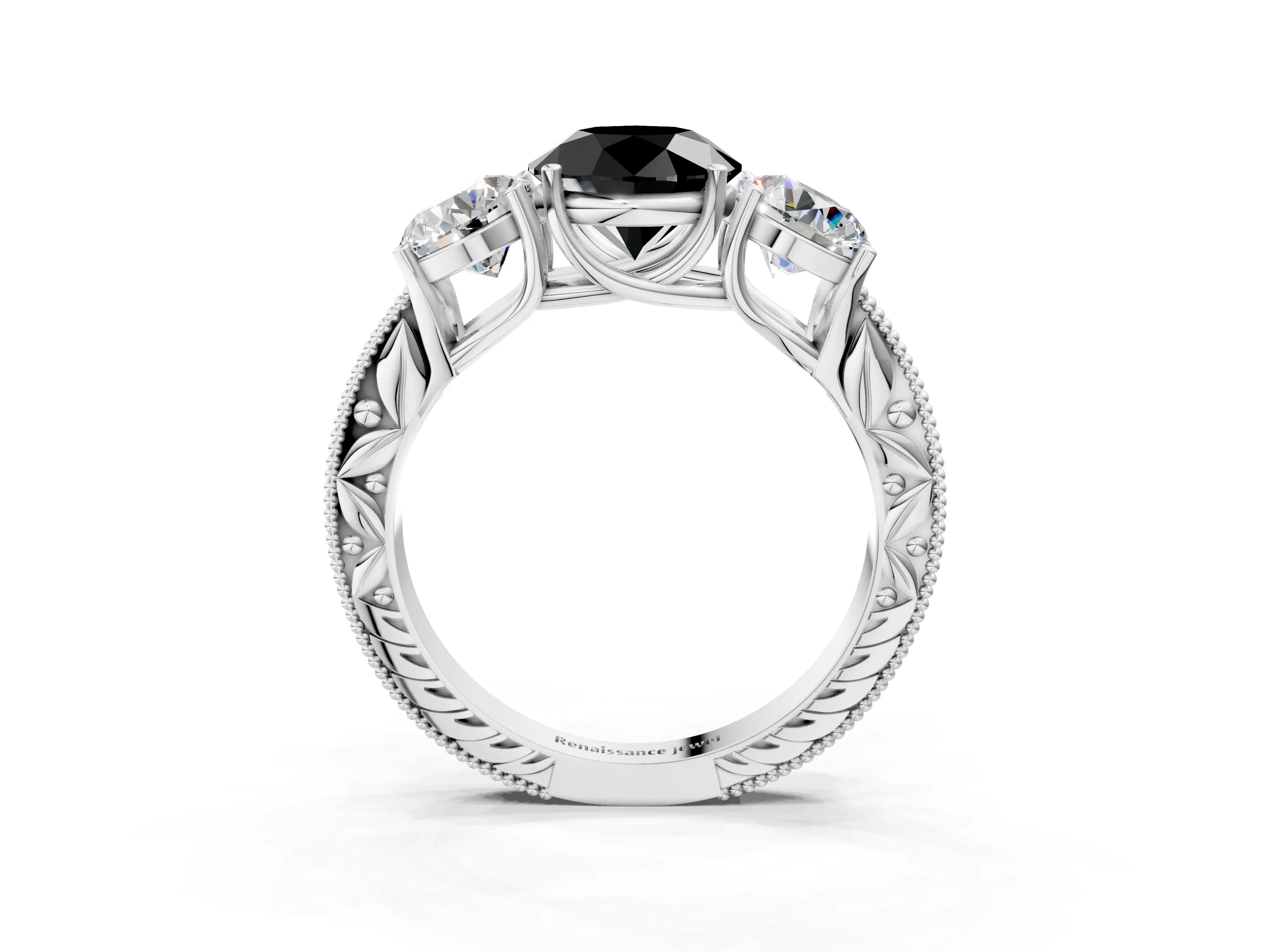 Silver Three-Stone Fancy Black Round Cut Cut Milgrain Pavé Engagement Ring_33