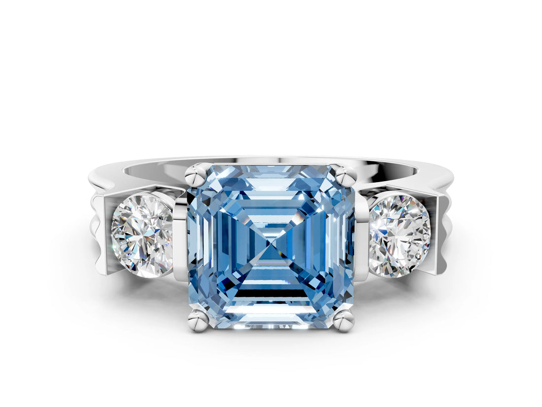 Silver Three-Stone Fancy Blue Asscher Cut Cut Classic Band Prong Setting Ring_6