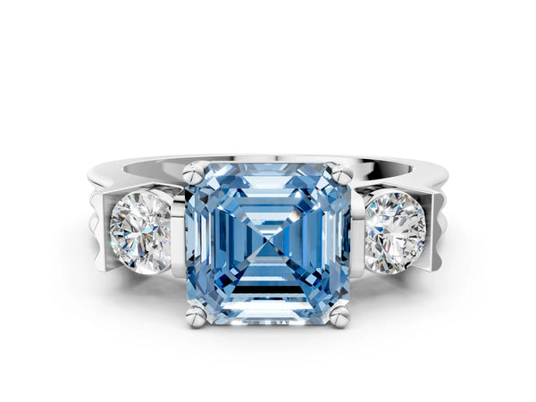 Silver Three-Stone Fancy Blue Asscher Cut Classic Band Prong Setting Ring