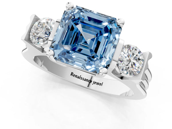 Silver Three-Stone Fancy Blue Asscher Cut Classic Band Prong Setting Ring