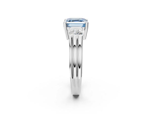 Silver Three-Stone Fancy Blue Asscher Cut Classic Band Prong Setting Ring