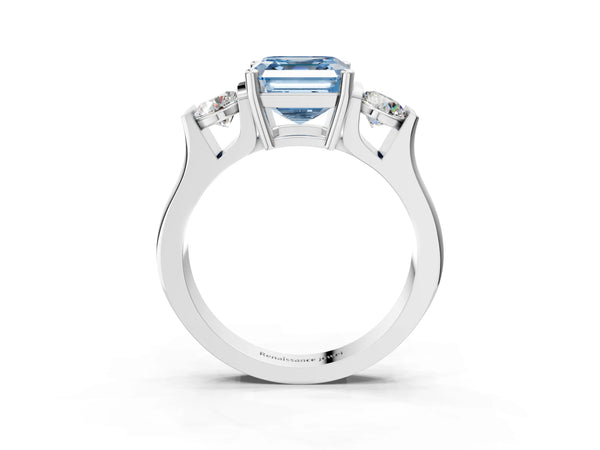 Silver Three-Stone Fancy Blue Asscher Cut Classic Band Prong Setting Ring