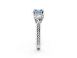 Silver Three-Stone Fancy Blue Asscher Cut Cut Milgrain Band Prong Setting Ring_56