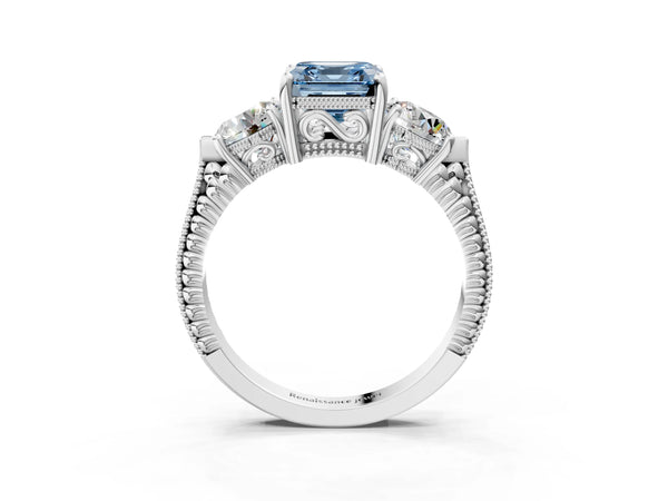 Sterling Silver Asscher Cut Vintage Three Stone Engagement Ring Setting for Fancy Blue Center