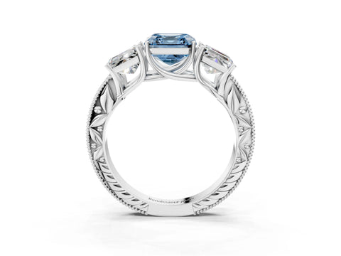 Silver Three-Stone Fancy Blue Asscher Cut Cut Milgrain Pavé Engagement Ring_21