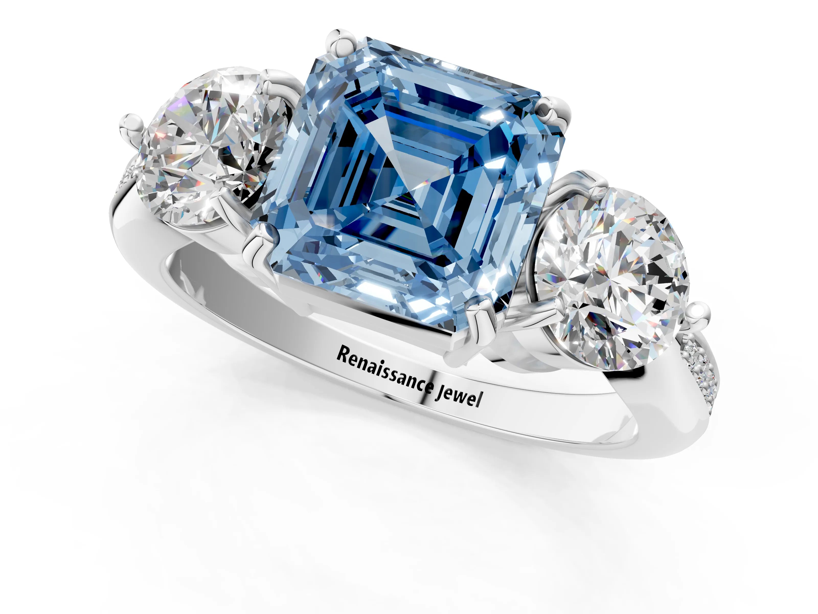 Silver Three-Stone Fancy Blue Asscher Cut Diamond Channel Set Engagement Ring with Prong Setting_25