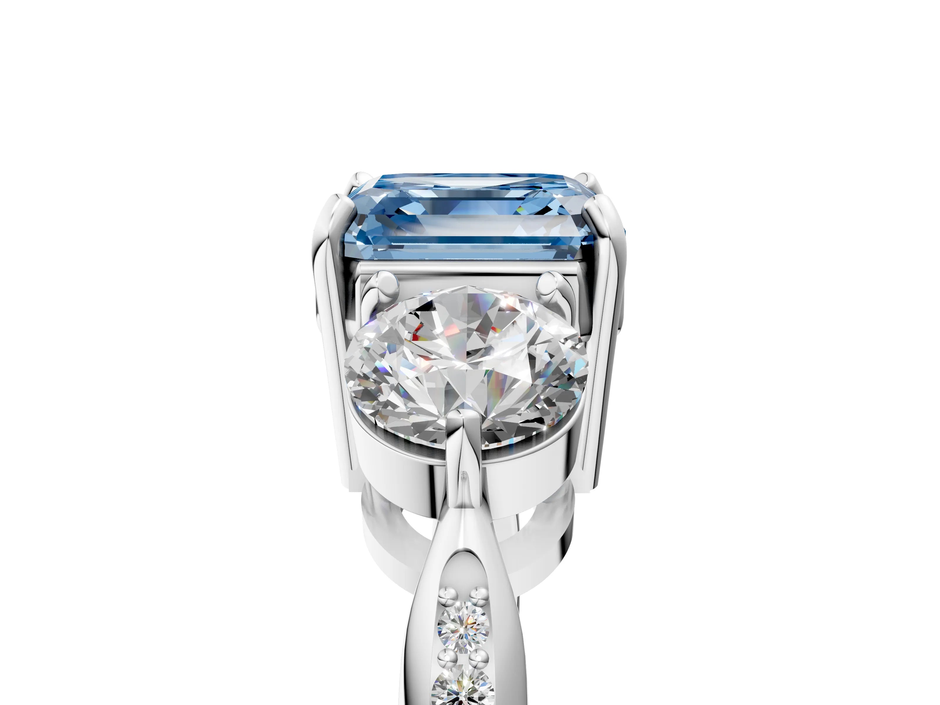 Silver Three-Stone Fancy Blue Asscher Cut Diamond Channel Set Engagement Ring with Prong Setting_29