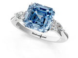 Silver Three-Stone Fancy Blue Asscher Cut Diamond Ring with Pear  Side Stones in Four-Prong Setting_13