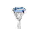 Silver Three-Stone Fancy Blue Asscher Cut Diamond Ring with Pear  Side Stones in Four-Prong Setting_17