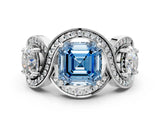 Silver Three-Stone Fancy Blue Asscher Cut Diamond Wave Pave Band with Prong Setting_6