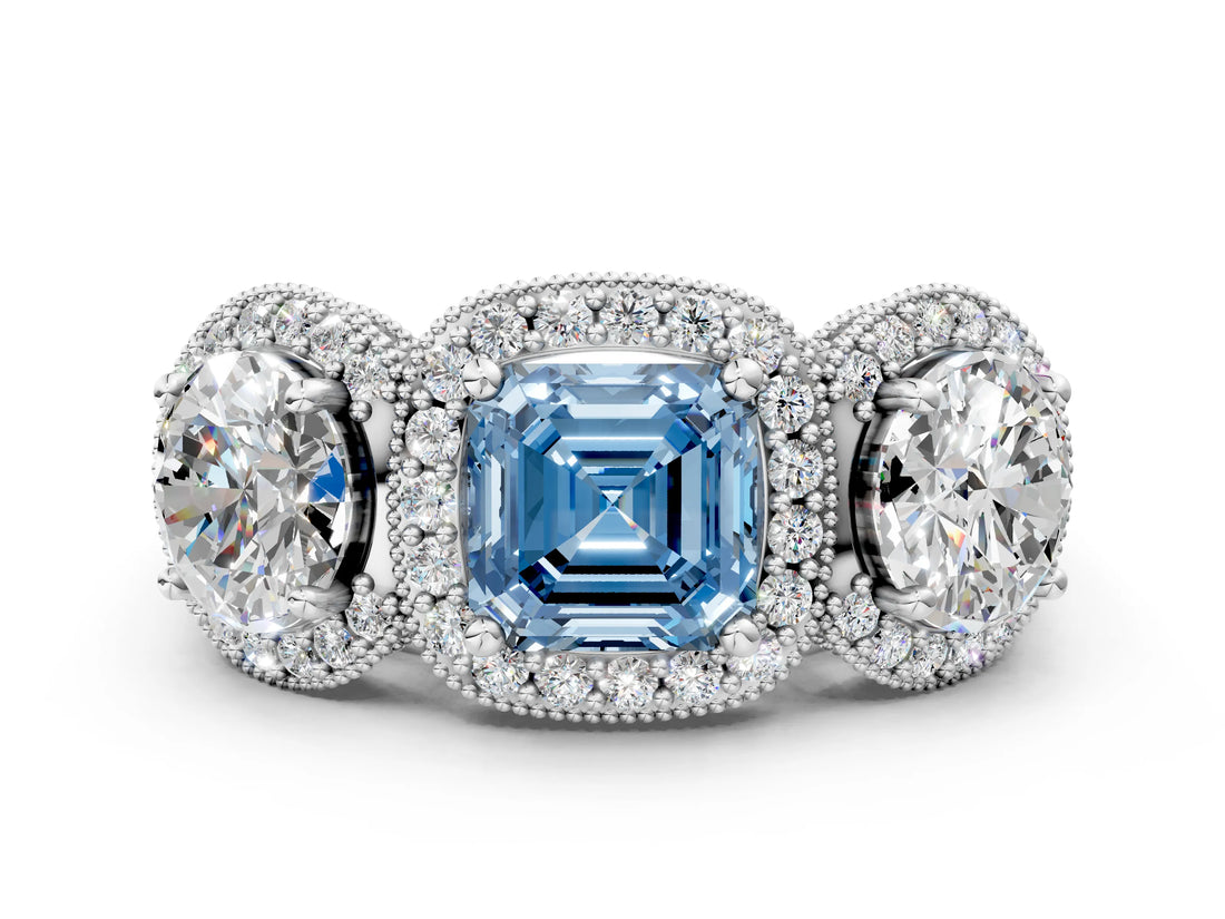 Silver Three-Stone Fancy Blue Asscher Cut Halo Diamond Milgrain Band with Four-Prong Setting_6