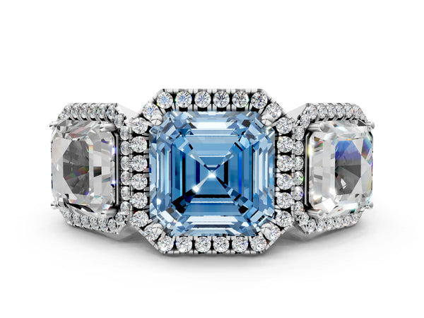 Silver Three-Stone Fancy Blue Asscher Cut Halo Diamond Ring with Pave Band and Four-Prong Setting