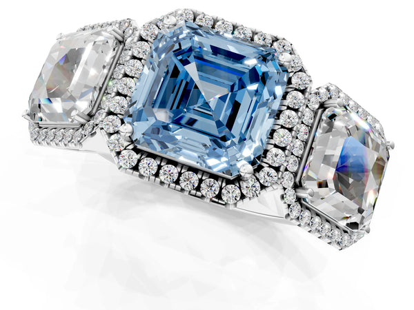 Silver Three-Stone Fancy Blue Asscher Cut Halo Diamond Ring with Pave Band and Four-Prong Setting