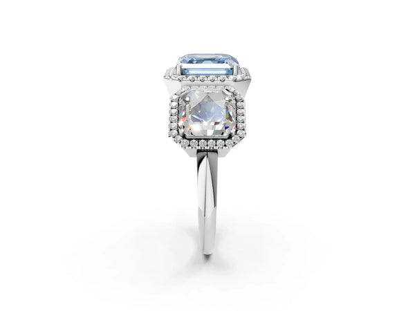 Silver Three-Stone Fancy Blue Asscher Cut Halo Diamond Ring with Pave Band and Four-Prong Setting