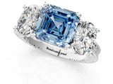 Silver Three-Stone Fancy Blue Asscher  Diamond Milgrain Pave Band with Prong Setting 1