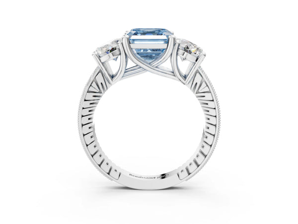 Sterling Silver Asscher Cut Three-Stone Engagement Ring Setting for Fancy Blue Center with Pave Band