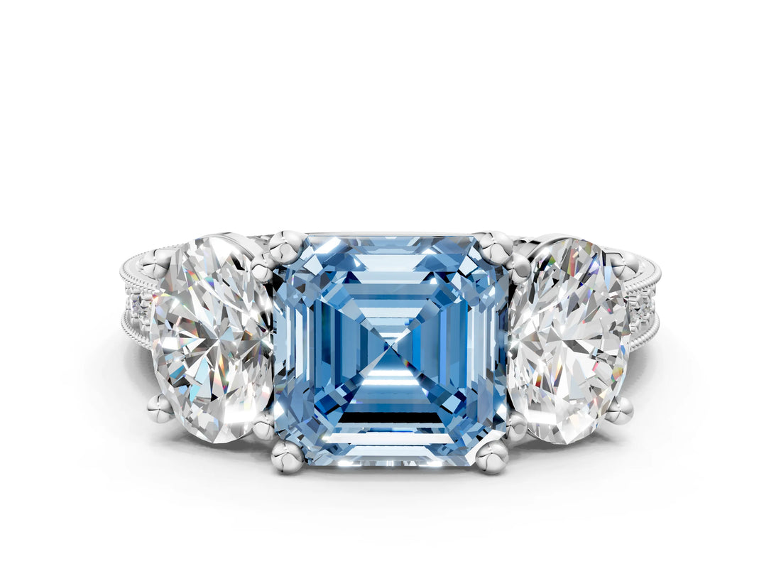 Silver Three-Stone Fancy Blue Asscher  Diamond Milgrain Pave Band with Prong Setting