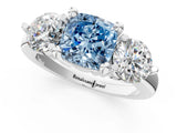 Silver Three-Stone Fancy Blue Cushion  Brilliant Cut Solitaire Ring with Prong Setting on a Classic Band 1
