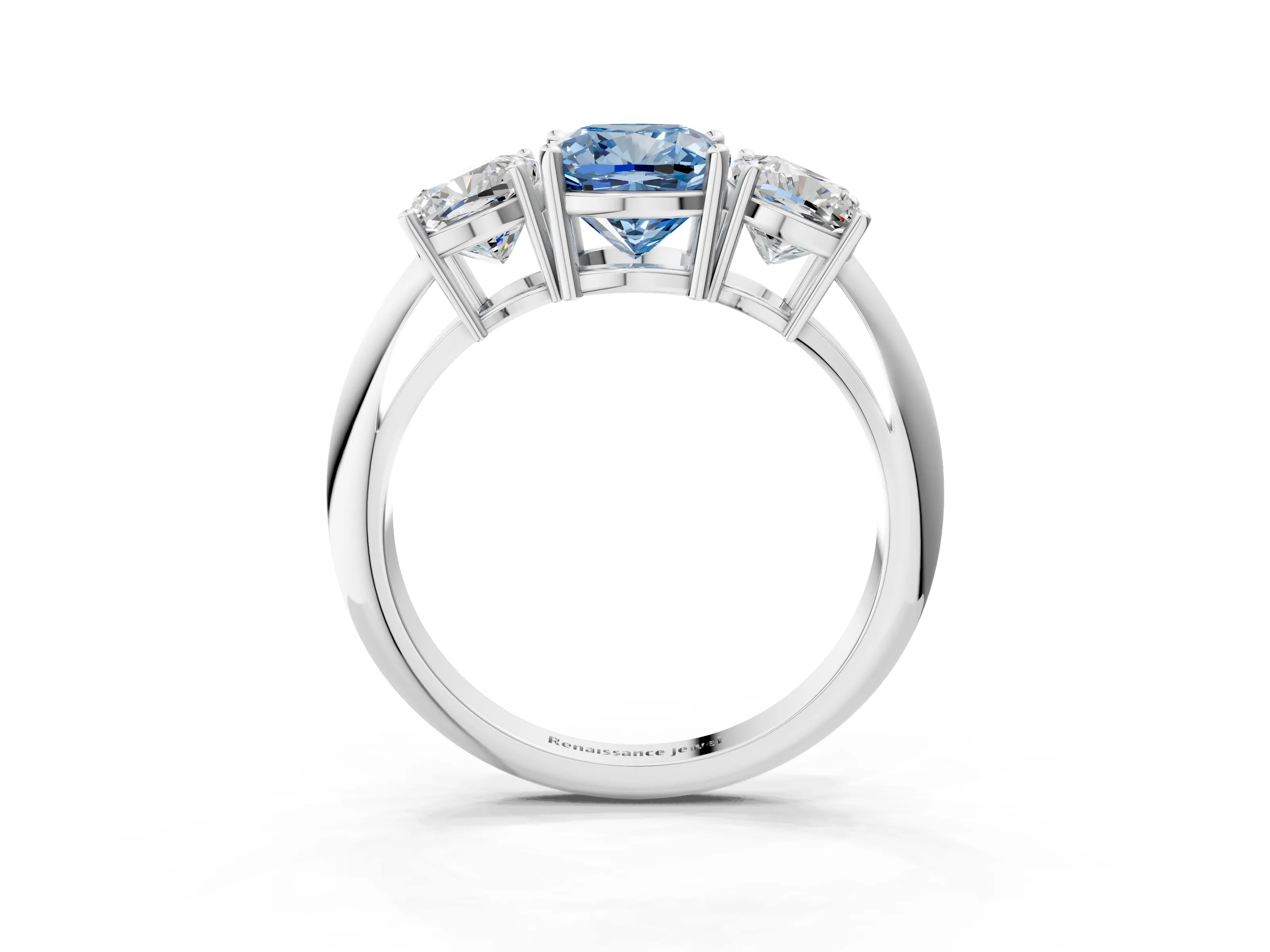 Silver Three-Stone Fancy Blue Cushion Cut Cut Diamond Engagement Ring with Prong Setting on a White Gold Band_45