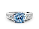 Silver Three-Stone Fancy Blue Cushion Cut Cut Diamond Ring with Trillion Side Stones on a Split Shank Band_30
