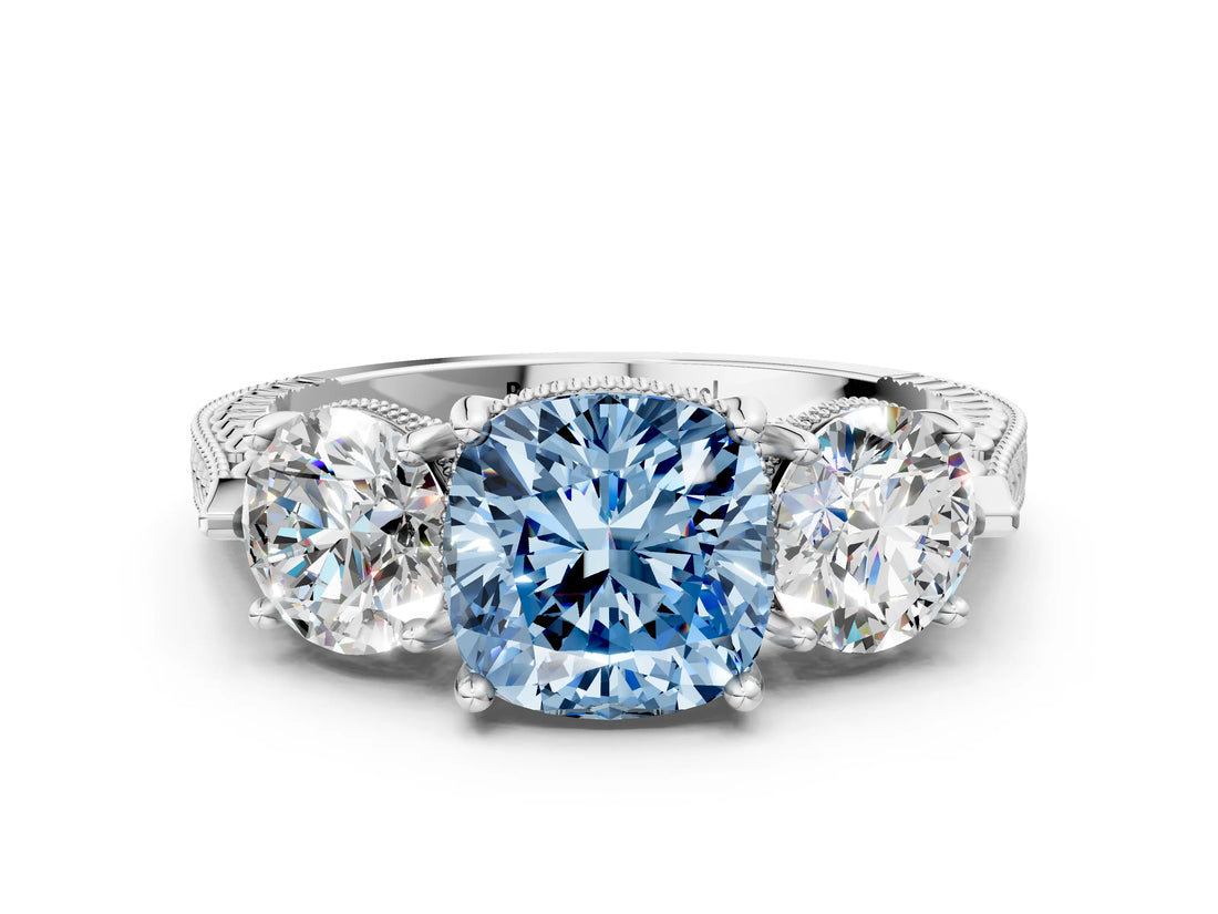 Silver Three-Stone Fancy Blue Cushion Cut Cut Milgrain Band Prong Setting Ring_18