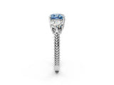Silver Three-Stone Fancy Blue Cushion Cut Cut Milgrain Band Prong Setting Ring_20