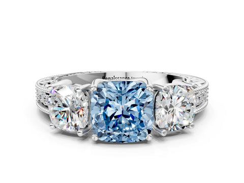Silver Three-Stone Fancy Blue Cushion Cut Cut Milgrain Pavé Engagement Ring_30