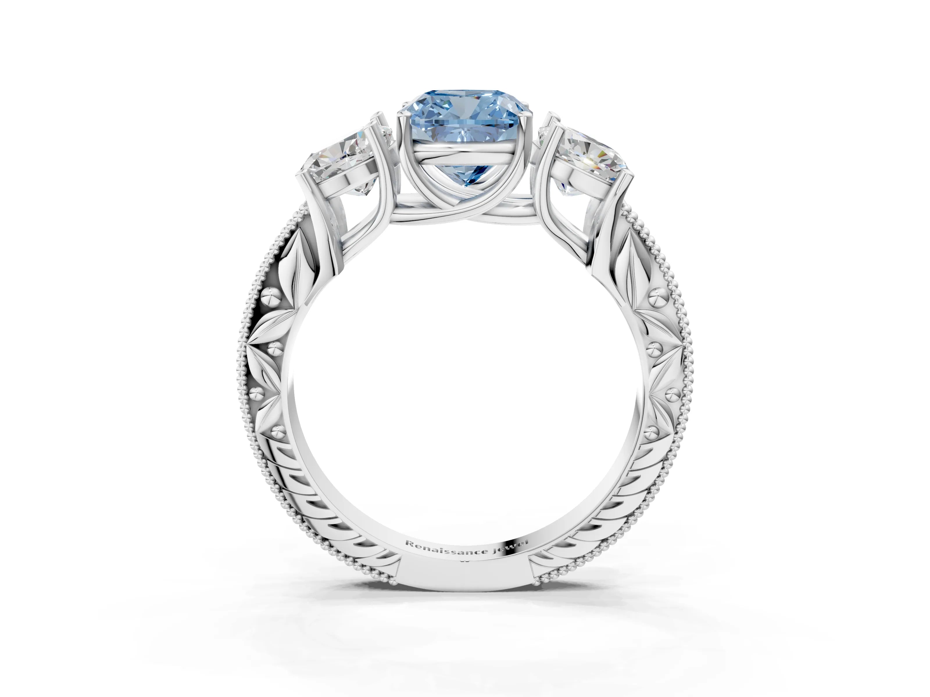 Silver Three-Stone Fancy Blue Cushion Cut Cut Milgrain Pavé Engagement Ring_33