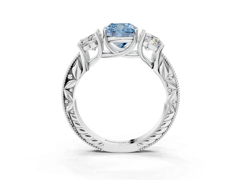 Silver Three-Stone Fancy Blue Cushion Cut Cut Milgrain Pavé Engagement Ring_33