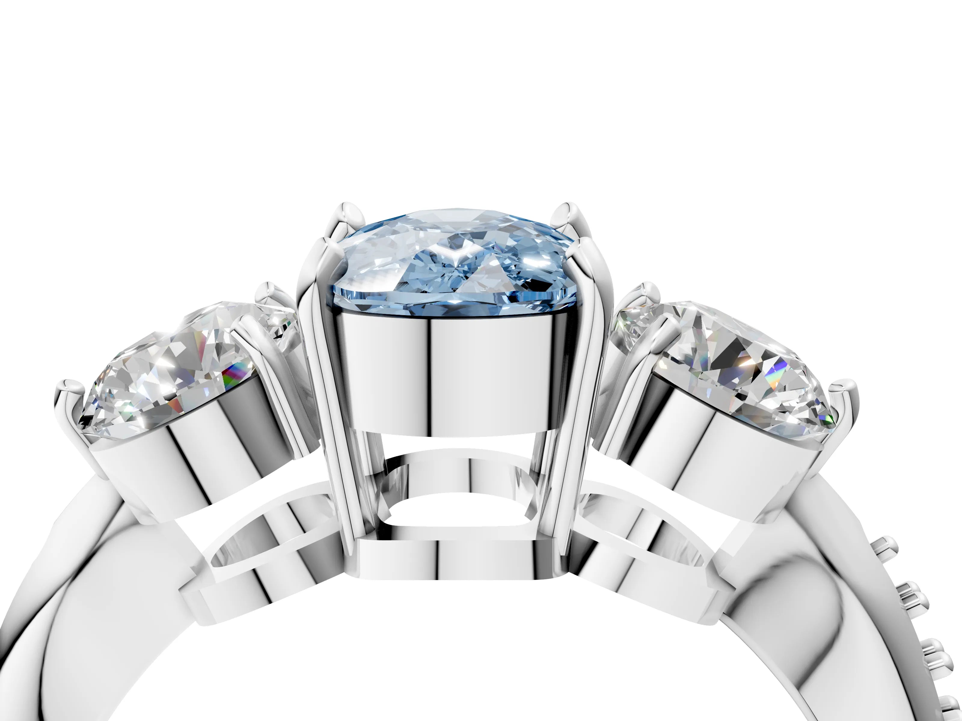 Silver Three-Stone Fancy Blue Cushion Cut Diamond Channel Set Engagement Ring with Prong Setting_28