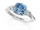 Silver Three-Stone Fancy Blue Cushion Cut Diamond Ring with Pear  Side Stones in Four-Prong Setting_13