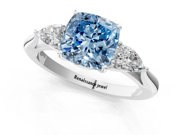 Sterling Silver Cushion Cut Engagement Ring Setting for Fancy Blue Center with Pear Side Stones