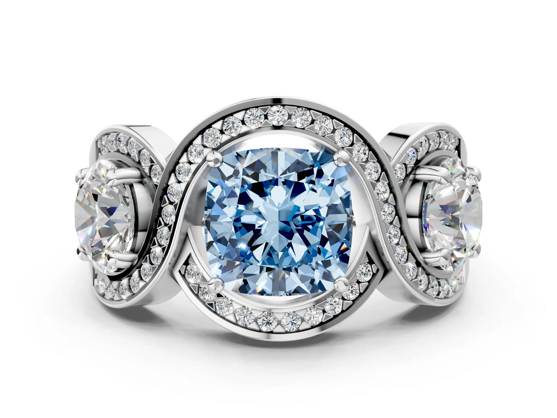 Silver Three-Stone Fancy Blue Cushion Cut Diamond Wave Pave Band with Prong Setting_54