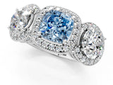 Silver Three-Stone Fancy Blue Cushion Cut Halo Diamond Milgrain Band with Four-Prong Setting_7