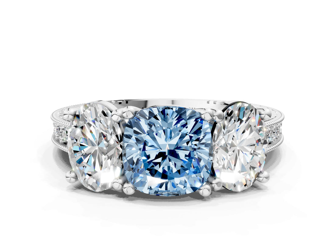 Silver Three-Stone Fancy Blue Cushion  Diamond Milgrain Pave Band with Prong Setting 1